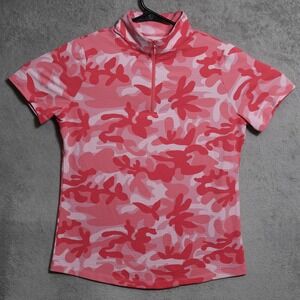 IBKUL Shirt Womens Medium Pink Camo Quarter Zip Mock Neck Short Sleeve Golf